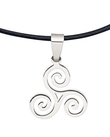 DragonWeave Steel Celtic Triskele Spiral Pendant Necklace on Black Leather Cord, Adjustable 16-18"