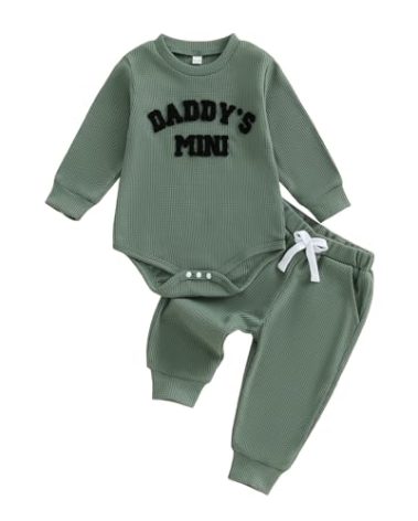Kupretty Baby Boy Clothes 3 6 12 18 Months Fall Winter Outfit Daddy's Mini Embroidery Waffle Long Sleeve Romper Pants Set (Army Green, 6-12 Months)