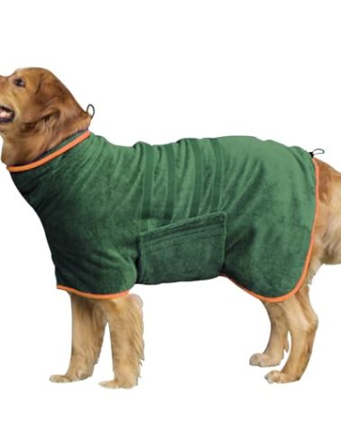 HhiMyOct Dog Drying Coat - Fast Drying Dog Towel Robe - Microfiber Super Absorbent Pet Bathrobe, Adjustable Collar & Belly Strap Coat Pet Bath Robe Towel (XX-Large, Green)