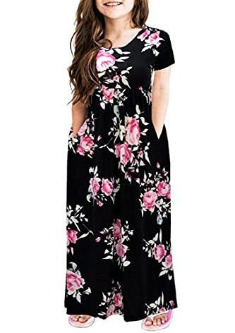 GORLYA Girl's Short Sleeve Floral Print Loose Casual Long Maxi Dress with Pockets 4-12 Years (11-12Years/Height:150cm, Black Print)