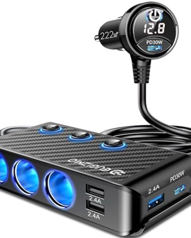 Cigarette Lighter Plug Splitter Adapter, EUGIZMO 222W Multi Port Power Plug Car Charger Adapter for Plug Outlet 12V 3 Socket Splitter Car Cigarette Lighter USB Charger with LED Independent Switches