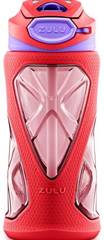 ZULU Torque 16oz Plastic Kids Water Bottle with Silicone Sleeve and Leak-Proof Locking Flip Lid, Soft Touch Carry Loop for School Backpack, Lunchbox, BPA-Free Dishwasher Safe, Pink