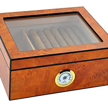 DUCIHBA Cigar Humidor Case, Holds 25-50 Cigars, Tempered Glass Top Display, Handcrafted Spanish Cedar Wood Desktop Cigar Box with Divider, Humidifier, Hygrometer, Burlwood Blond,