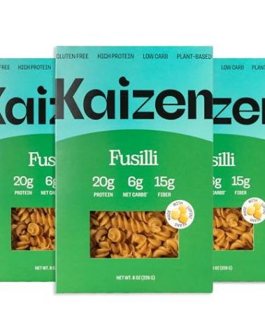 Kaizen Low Carb Keto Pasta Fusilli - High Protein (20g), Gluten-Free, Keto-Friendly (6g Net), Plant-Based Lupini Noodles made w/High Fiber Lupin Flour - 8 ounces (Pack of 3)