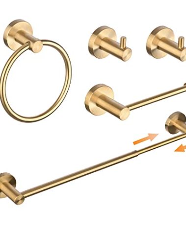SHUNLI 5 Pieces Bathroom Accessories Hardware Set (Adjustable Towel Bar 16 to 26 Inch, Toilet Paper Holder, Towel Ring, 2PCS Hook) Brushed Gold Wall Mounted Bath Fixtures Set, SUS304 Stainless Steel