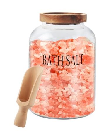 Klmnop 74 oz Glass Bath Salts Jar with Wooden Scoop, Bath Salt Container with Lid, Bathroom Organizers and Bath Decor(Clear)