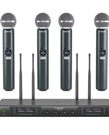 Phenyx Pro Wireless Microphone System, Quad Channel Wireless Mic, w/ 4x40 UHF Frequencies, Auto Scan, 328ft Long Range, 4 Handheld Dynamic Microphone for Singing, Church, Karaoke (PTU-7000-4H)