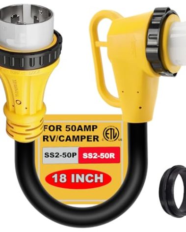 CORDMITPRO RV 50 Amp Twist Lock Plug Male to 50 Amp Locking 90 Degree Female RV Adapter for 50 Amp RV Extension Cord, 50 Amp Dogbone RV Connector for Pressure Relief, ETL Listed
