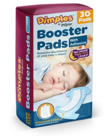 Inspire Dimples Booster Pads, Baby Diaper Doubler with Adhesive - Boosts Diaper Absorbency - No More leaks 30 Count (with Adhesive for Secure Fit) (30 Count)