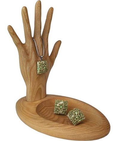 Wood Wedge Earring Holder Organizer, Jewelry Organizer with Hand-Shaped Stand for rings, watches, necklace, clearance items, Gift Wife Anniversary Birthday Graduation, 8,5''x8,8'' (Natural)