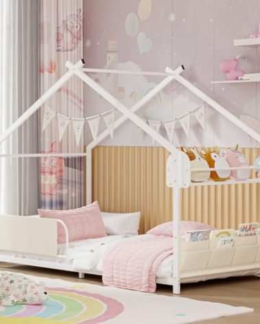 Timy House Shape Twin Size Montessori House Bed Metal Floor Bed with Storage Rack and Caddy Twin Bedframe for Kids No Box Spring Needed White