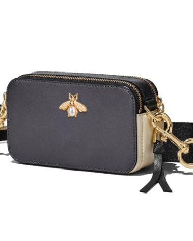 Ophlid Bee Purse Camera Crossbody Bags for Women Trendy Small Snapshot Bag Wide Strap Leather Shoulder Clutch Handbags Black