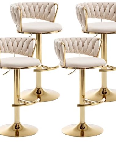 Riknuxi Gold Velvet Bar Stools Set of 4, Counter Height Barstools with Low Back, Swivel Bar Stool for Kitchen Island, Pub (Beige)