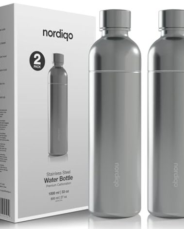 Nordiqo Premium 33 oz Stainless Steel Bottle | Compatible with Aarke Carbonator 3, Sodastream (excl. Aqua Fizz + Jet) and many others | Dishwasher Safe, No Expiration Date | 2-Pack