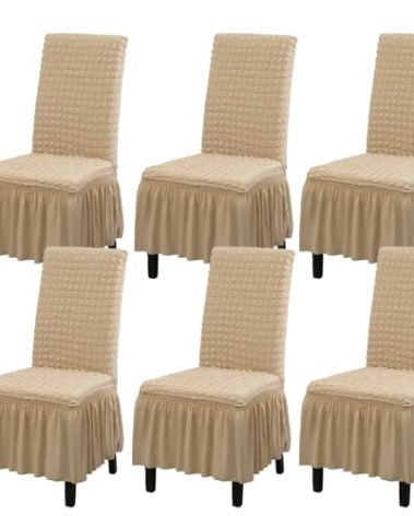 Rakila Stretch Washable Chair Covers for Dining Room Set of 6 Removable Chair Covers with Skirt Kitchen Chair Protector Cover (Beige, 6 Pack)