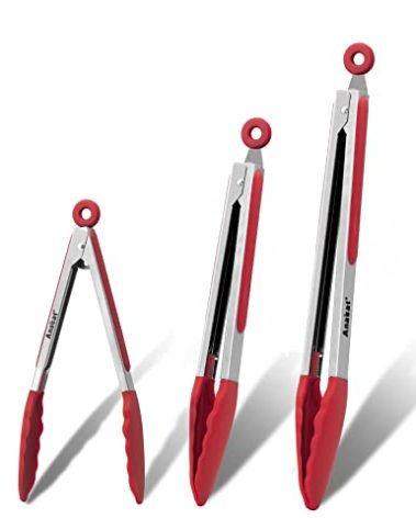 Anaeat Non-Stick Silicone Locking Tong Set of 3 - Stainless Steel 7", 9" and 12" Kitchen Food Tongs with Non-Slip Silicone Tips and Grip for Cooking, Baking and BBQ - Heat Resistant up to 480°F (Red)