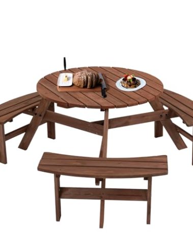 Jaxilyn 6-Person Outdoor Circular Wooden Picnic Table with 3 Built-in Benches Camping Dining Table for Garden Patio Backyard,Brown