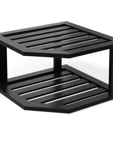 VERTORGAN Bamboo Corner Shelf,2 Tier Plate Organizer for Cabinet and Countertop,Pantry Dish and Spice Rack for Kitchen（Black）