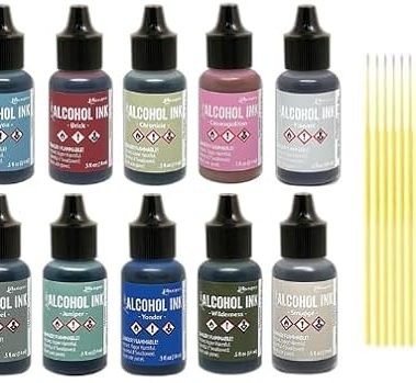 Tim Holtz Ranger Alcohol Inks Released 2024, Gravel, Flannel, Chronicle, Brick, Yonder, Wilderness, Cosmopolitan, Bayou, Juniper and Smudge with Trebbies Detail Sticks