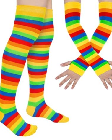Chalier Womens Rainbow Socks Striped Knee High Socks Arm Warmer Fingerless Gloves Set, Z-Yellow
