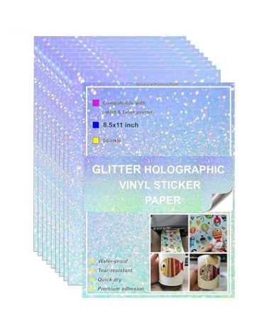 Bleidruck Printable Sparkle Holographic Sticker Paper 20 Sheets 8.5x11 Inch Waterproof Glitter Vinyl Sticker Paper Quick Dry for Inkjet/Laser Printer