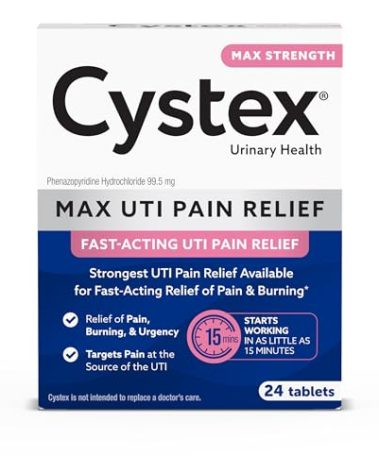 Cystex Maximum-Strength UTI Pain Relief Tablets - 99.5 mg Phenazopyridine HCl for Fast Relief of Burning & Bladder Discomfort - 24-Count