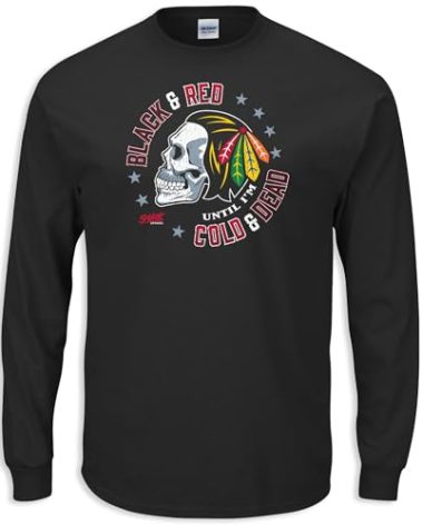 Smack Apparel Skull T-Shirt for Chicago Hockey Fans (SM-5XL) (Black Long Sleeve, Large)