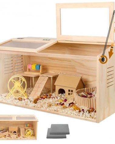 Wooden Hamster Cage,32" Lx16 Wx16 H,Animal Cabinet for Dwarf Syrian Hamsters Degus, Hamster Habitat with Openable Top and Large Acrylic Sheets, Natural Wooden Hamster Habitat with 2 Openable Door.