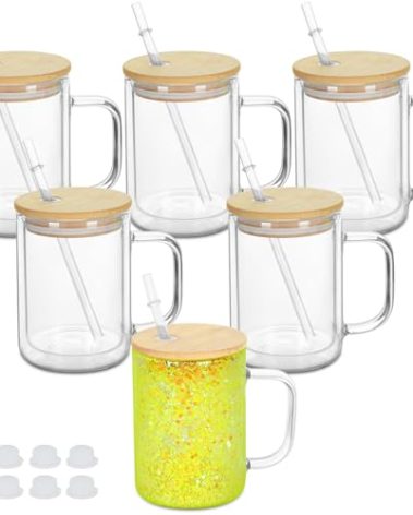 15 Oz Pre-Drilled Glass Snow Globe Tumbler with Handle, 6 Pack Double Wall Snowglobe Cup Coffee Mug For Snow Globe Diy Glitter, Clear