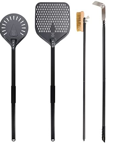 SHANGPEIXUAN Pizza Turning Peel 9 Inch Perforated Pizza Peel and Pizza Brush Ash Rake 4 Piece Wood Fired Commercial Pizza Oven Utensil Kit with 40-Inch Aluminum Handle