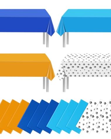 MASHAN 12 Pack Paw Print Plastic Tablecloths,Blue Orange Puppy Table Cloth Disposable Rectangle Table Covers for Kids Birthday Party, Dog Puppy Birthday Party Decorations and Supplies, 108 * 54inch