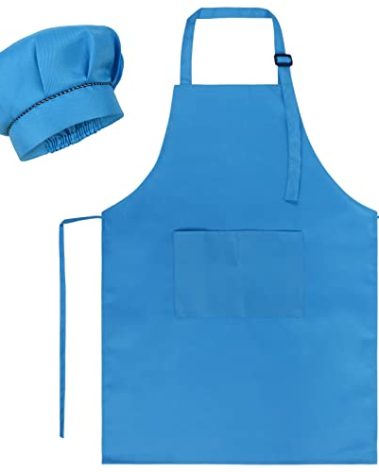 SUNLAND Kids Apron And Hat Set Children Chef Apron For Cooking Baking Painting (Blue, M)
