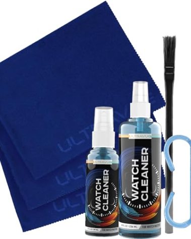 ULTRAVUE Watch Cleaning Kit - Cleans All Watches and Jewelry Including Metals, Crystals and Rubber - 1 x 2oz and 1 x 8oz Watch Cleaner Gel Spray, 3 x Microfiber Cloth, 2 x Horsehair Brush