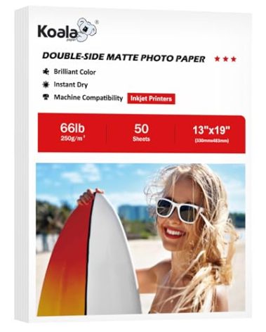 Koala Double Sided Matte Thick Photo Paper 13x19 Inches Heavyweight 50 Sheets 250gsm Compatible with Inkjet Printer and Dye Ink