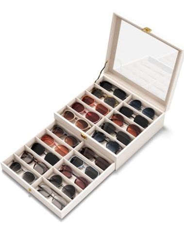 NEWLOOP Sunglasses Case Storage Organizer - Sunglass Organizer See-through Display Case Multiple Pairs Glasses Holder Stand 2-layer Eyeglass Jewelry Watch Collection Box for Women with 20 Slot White