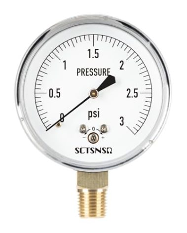 SCTSNSR 0 to 3 Psi Low Pressure Gauge, Capsule Measurement System, 2.5 inch Dial, 1/4" NPT Lower Mount, Chrome Plated Case, for Gas Line, Regulator, air, Pressure Test