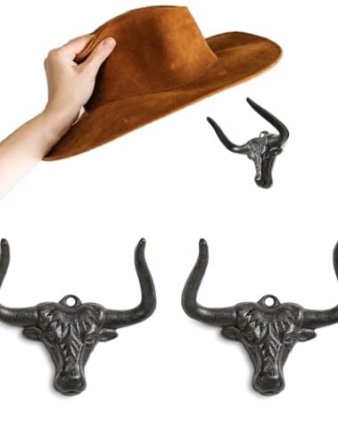 HYDERMUS Cowboy Hat Rack for Wall 2 Pack Cowboy Hat Hook Cast Iron Hat Holder Cowgirl Hat Hanger Vintage Western Wall Decor Longhorn Hooks for Hat Storage and Organization Cow Decor Western Gift Rust