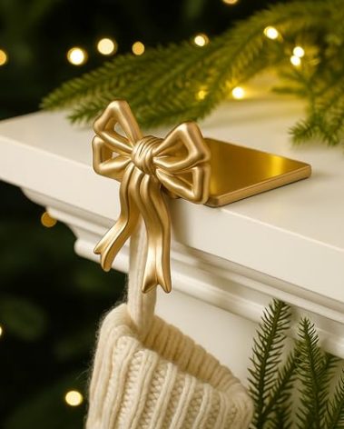 MorningRo 4 Pcs Gold Bow Christmas Stocking Holder Heavy Duty Cast Iron Gold Christmas Bow Stocking Holder Xmas Home Metal Decoration for Mantle Fireplace Shelf Staircase Decoration(Novelty)