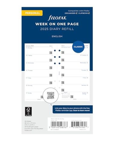 Filofax Calendar Diary Refill, Personal/Compact Size, Week on One Page, White Paper, Unruled, English, 2025 (C68426-25)