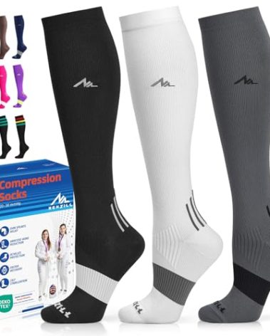 NEWZILL Medical Compression Socks for Women & Men, 20-30 mmHg Knee-High Support for Circulation, All-Day Comfort for Work Travel Running Cycling and Fitness (3-Pairs, Black/White/Gray, L/XL)