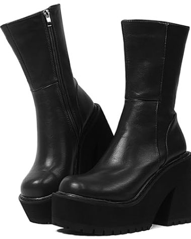 AMINUGAL Womens Wedge Heel Ankle Boots Platform Zipper Punk Motorcycle Booties Chunky Block High Heel Round Toe Fashion Work Combat Boots Mid Calf For Women