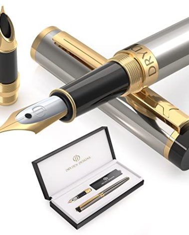 Dryden Designs Fountain Pen - Medium Nib and Fine Nib | Includes Premium Box, 6 Ink Cartridges - 3 Black 3 Blue and Ink Refill Converter - Metallic Silver