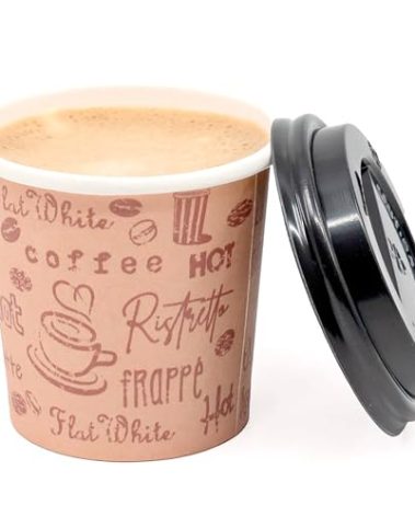 ECODESIGN-US 4 Ounce Disposable Espresso Paper Cups with Black Lids - 50 Sets - Print - Small Portion Sample Shots (50, print)