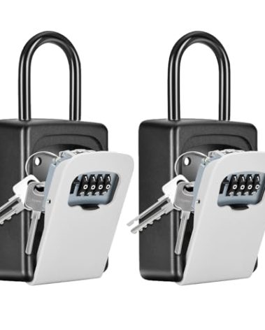 Portable Key Lock Box, Upgrade Clearly Visible Numbers, Lock Box Wall Mounted for House Key, 5 Key Capacity, Weatherproof Resettable Code (2 Pack, Gray)