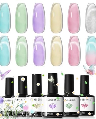 modelones Gel Nail Polish Set, 6 Colors Silver Cat Eye Gel Polish Translucent Pastel Sheer Pink Yellow Lavender Purple Baby Blue Mint Green Jelly Nail Polish with Magnet LED Manicure DIY Gift