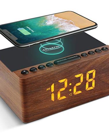 ANJANK Wooden Digital LED Alarm Clock FM Radio, Fast Wireless Charger Station for iPhone/Samsung Galaxy, 5 Level Dimmer, USB Charging Port, 9 Sounds, Sleep Timer for Bedroom, Bedside, Desk