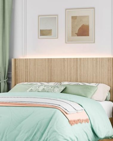 BONITURE Queen Size Headboard Only, Modern Fluted Wall-Mounted Head Board with Lighting, Boho Wood Bed headboard Stylish Bedroom Decor, Natural