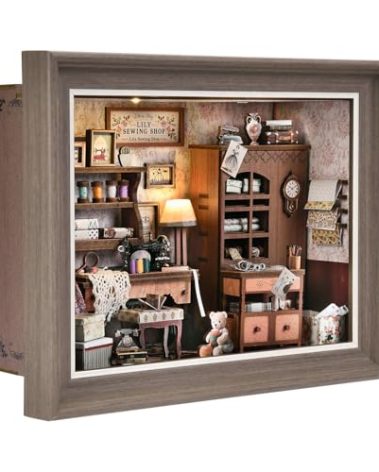 Book Nook Kit - 3D Wooden Puzzle with LED Switch Control & Wall-Mountable Frame，DIY Miniature House for Beginners，Bookshelf/Tabletop/Wall Decor for Craft Lovers，Dollhouse Gift (Lily Sewing Shop)