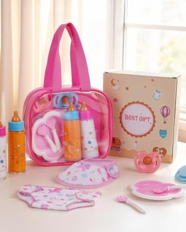 BABESIDE Baby Doll Accessories, 10 Pcs Disappearing Doll Feeding Set for Toy Stroller, Baby Care Pretend Play Kit with Magic Bottles, Pacifiers, Bib, Diaper & Carry Bag for 12–15 Inch Dolls