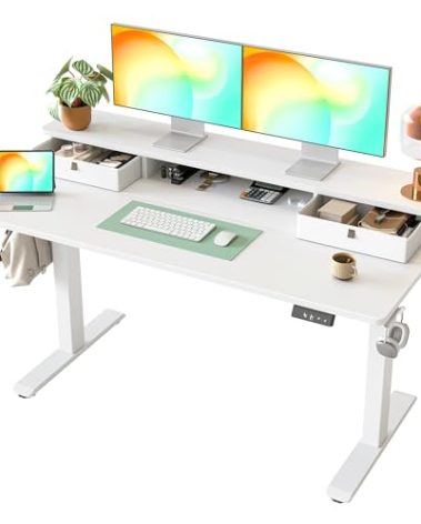TIQLAB 55 * 24 Inch Standing Desk with Two Drawers, Stand Up Standing Desk Adjustable Height, Electric Sit Stand Table with Storage Shelf and Splice Board, White